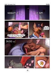 3:4 absurd_res animal_mask animatronic anthro barazoku biped black_nose brown_body brown_fur canid canine canis collar comic cuff_(restraint) cupcake curtains dialogue dildo domestic_dog duo electronics english_text fangs fingers five_nights_at_freddy's food fox foxy_(fnaf) fur fuzzy_handcuffs german_shepherd handcuffs herding_dog hi_res machine male mammal mask metal_cuffs multiple_scenes pastoral_dog pup_mask red_body red_fur restraints robot running scottgames sex_toy sleeping sound_effects teeth text zourik
