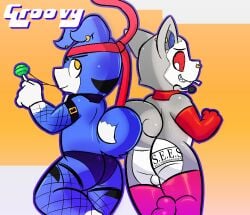 anthro ass bandai_namco butt_tattoo candy canid canine canis clothed clothing collar crossdressing dessert digimon digimon_(species) domestic_dog duo ear_piercing ear_ring electronics facial_piercing femboy fishnet_clothing fishnet_legwear food gaomon hi_res kemono koromaru legwear lollipop male male/male mammal microphone nose_piercing panties persona_(series) persona_3 piercing rear_view ring_piercing shiba_inu sleepyly spitz stockings tattoo underwear