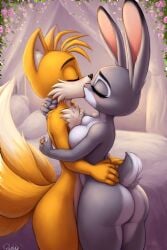 ai_generated ass bed bedroom blush crossover crossover_kiss crossover_pairing crossover_ship crossover_shipping digit_ring disney duo fox grey_fur husband_and_wife interspecies interspecies_marriage interspecies_romance jewelry judy_hopps kiss_on_lips kissing married_couple miles_tails_prower naked nude orange_fur rabbit ring sega sonic_(series) standing tails tails tails_the_fox wedding_ring zootopia