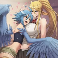 2girls ai_generated aigbrea ass_out blue_eyes blue_hair blush centaur centorea_shianus female fully_clothed hand_on_head harpy heart hugging long_hair monster_musume_no_iru_nichijou papi_(monster_musume) ponytail short_hair short_shorts sweat taur tubetop wholesome wings yellow_eyes yellow_hair