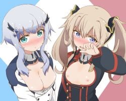 2girls blonde_hair blue_eyes blush breast_envy breasts demon_king_academy_school_uniform embarrassed female green_eyes grey_hair large_breasts maou_gakuin_no_futekigousha misha_necron multiple_girls nude ribbon sasha_necron school_uniform siblings sisters small_breasts tottsan twins