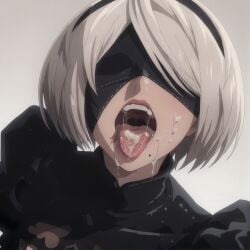 ai_assisted ai_generated black_blindfold blindfold bob_cut cum cum_in_mouth female from_above nier:_automata short_hair simple_background solo spasibo15 tongue white_hair yorha_2b