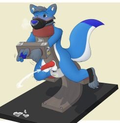 2022 absurd_res animal_genitalia anthro balls blue_body blue_fur blush bodily_fluids bondage bondage bound canid canine canis cum cumshot digital_media_(artwork) ejaculation erection fur gag gagged genital_fluids genitals grey_body grey_fur hair hi_res lock male mammal muzzle_(object) muzzled nude orgasm padlock penis prostate_orgasm prostate_stimulation restraints scottydoesstuff simple_background solo stocks submissive tail umbra_(hornybluwuff) white_body white_fur wolf