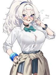 1girls aqua_bow aqua_bowtie black_choker black_nails blunt_bangs blush bow bowtie bra_visible_through_clothes bracelet breasts brown_cardigan button_gap cardigan cardigan_around_waist chair choker clothes_around_waist collarbone commentary desk female fingernails flying_sweatdrops glasses grey_skirt hair_ornament hand_on_own_hip highres jewelry large_breasts long_hair long_sleeves looking_to_the_side meg_(wakamepiza) miniskirt multiple_bracelets nail_polish open_mouth original pleated_skirt ponytail round_eyewear shirt_tucked_in short_bangs short_eyebrows simple_background skirt sleeves_rolled_up solo sweat thick_eyebrows wakamepiza white_background white_hair yellow-framed_eyewear
