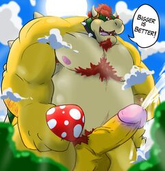 1boy bowser cloud cum english_text erection jabuhusky male male_focus male_only mario_(series) miguel_okami nintendo nipples open_mouth outdoors penis solo speech_bubble standing super_mario_bros. text video_games