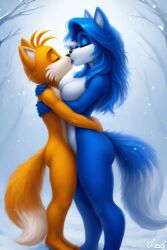 1boy 1girls ai_generated anthro ass bianca_(sheep_and_wolves) big_ass big_breasts blue_body blue_fur blue_hair breasts closed_eyes crossover duo ears embrace female forest fox furry hair hugging interspecies kissing larger_female long_hair male male/female naked naked_female naked_male nude nude_female nude_male orange_body orange_fur outdoors outside sheep_and_wolves size_difference smaller_male snow sonic_(series) tail tails two_tone_body two_tone_fur two_tone_tail white_fur winter wolf wolf_girl
