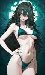 ai_generated bikini black_hair cleavage g-string green_bikini green_lipstick green_thong hela hela_(marvel_rivals) makeup marvel marvel_comics marvel_rivals messy_hair pale_skin sideboob thong underboob