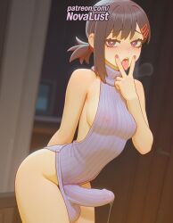 1futa 2025 ai_generated artist_name bare_shoulders blush breasts breasts breasts brown_hair bulge bust chainsaw_man chest cock covered_nipples dick erection erection_under_clothes foreskin futanari hair_ornament hairclip heart-shaped_pupils hi_res higashiyama_kobeni high_quality high_resolution highres large_penis male_focus novalust otoko_no_ko patreon patreon_username penis precum ribbed_sweater sleeveless_turtleneck solo stable_diffusion sweater testicles v veiny_penis watermark white_sweater
