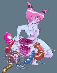 anal_destruction anal_gape anal_storage ass ass_juice box_chan breasts extreme_gape extreme_gaping extreme_penetration female gaping gaping_anus gaping_pussy grey_body jinx_(dc) multiple_anal_insertions multiple_dildos multiple_insertions multiple_vaginal_insertions nipples pink_eyes pink_hair pussy pussy_juice teen_titans uterus