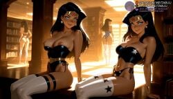 4girls ai_generated arm_support ass bare_shoulders black_hair black_leotard blue_eyes book bookshelf bracelet breasts circlet cleavage clone collarbone dark-skinned_female dark_skin dc dc_comics diana_prince earrings female grin high_heels highleg highleg_leotard indoors injustice_2 jewelry justice_league large_breasts leotard library lips long_hair looking_at_viewer meitabuu multiple_girls multiple_views navel nipples panties parted_lips sitting smile standing star_(symbol) star_earrings star_print strapless strapless_leotard superhero thigh_strap thighhighs thighs tiara underwear white_thighhighs wonder_woman wonder_woman_(injustice) wonder_woman_(series)