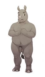 2016 3_toes 5_fingers anthro arm_hair balls belly big_belly biped body_hair brown_eyes eyebrows fist flaccid front_view full-length_portrait fupa grey_balls grey_eyebrows grey_hooves grey_horn grey_penis grey_skin grey_tail happy_trail hooves horn leg_hair lighting looking_aside male male_only mammal navel nude overweight overweight_male penis portrait pubes rhinoceros shadow simple_background smile snout solo standing tail_tuft toes toony tuft uncut white_background zhaqez