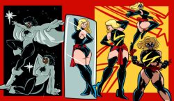2girls african african_american afro ass ass_grab big_ass big_breasts big_thighs black_body black_hair bra breasts canonical_scene captain_marvel carol_danvers checking_out_self dark-skinned_female dark_hair dark_skin female heroine light-skinned_female light_skin marvel marvel_comics milf mirror monica_rambeau ms._marvel nerd panties red_scarf scene_reference sexy_ass sexy_pose superheroine yellow_hair