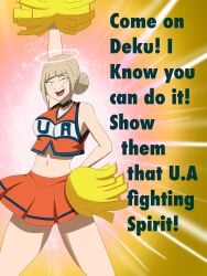 absurdres blonde_hair breasts cheerleader femsub happy_trance himiko_toga large_breasts mind_break my_hero_academia navel open_mouth purification short_hair simple_background smile standing straight-cut_bangs syas-nomis text tongue u.a._cheerleader_outfit
