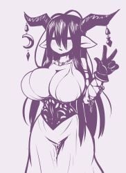 alternate_breast_size antenna_hair bandaged_arm bandages breasts cleavage closed_eyes corset cowboy_shot crescent curvy danua draph dress female gloves granblue_fantasy hand_up highres horn_ornament horns huge_breasts jewelry limebreaker long_hair necklace pointy_ears sleeveless sleeveless_dress solo