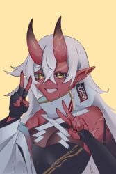 akumi breasts double_v female grin hair_between_eyes horns long_hair looking_at_viewer oni_horns pointy_ears red_skin simple_background smile solo v vyugen yellow_background yellow_eyes