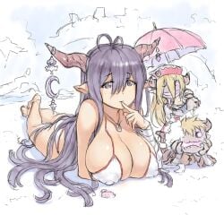 antenna_hair bandaged_arm bandages beach bikini blonde_hair breasts brown_horns cleavage closed_mouth cloud cloudy_sky covered_nipples crescent danua doll draph earrings female granblue_fantasy hair_between_eyes head_rest horn_earrings horn_ornament horns jewelry large_breasts long_hair lying mogudan necklace on_stomach outdoors parasol partially_colored pointy_ears purple_hair seashell shell sketch sky swimsuit the_pose thumb_to_mouth umbrella very_long_hair white_bikini