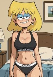 1girls ai_generated bedroom blacked blacked_clothing blonde_hair breasts civitai cleavage earrings eyeshadow grin half-closed_eyes indoors large_breasts looking_at_viewer lori_loud medium_hair nickelodeon panties smile solo the_loud_house