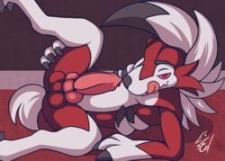 1boy animal_genitalia animal_penis anthro anus ass canine canine_penis claws erection feet fur furry knot large_penis leg_up looking_at_viewer lycanroc male male_only mammal midnight_lycanroc mumble1224 nintendo nude paws penis pink_sclera pokémon_(species) pokemon pokemon_sm presenting red_eyes red_fur solo testicles text thick_penis tongie tongue video_games watermark white_fur