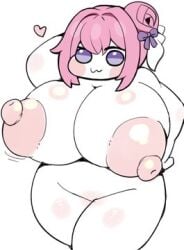1girls 2025 big_eyes bow breasts breasts_bigger_than_torso chibi closed_mouth cute dialogue doro_(nikke) dorothy_(nikke) erotic_chibi female goddess_of_victory:_nikke hair_ribbon heart looking_at_viewer nekoyuu nipples pink_hair purple_eyes solo solo_female white_background white_body white_ribbon white_skin