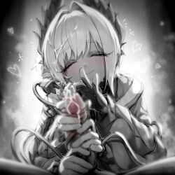 1boy arknights bird_girl blur_censor blush cable cable_tail censored chinese_commentary closed_eyes closed_mouth commentary_request cum cum_on_hair electric_plug electric_plug_tail feathers female flower gloves greyscale hair_flower hair_ornament handjob head_wings heart highres kupa_(jesterwii) large_variant_set male mechanical_tail monochrome multi_arm multi_limb paid_reward_available penis pov pov_crotch raidian_(arknights) short_hair smile solo_focus spot_color straight tail tail_wrap variant_set wings