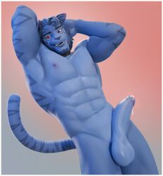 3d_(artwork) abs alternate_version_at_source anthro beard blue_beard blue_body blue_facial_hair blue_hair digital_media_(artwork) edvardiko erection facial_hair felid final_fantasy final_fantasy_xiv front_view genitals glistening glistening_eyes gradient_background hair hi_res hrothgar humanoid_genitalia humanoid_penis looking_at_viewer male male_anthro male_only mammal nipples nude open_mouth open_smile pecs penis portrait pose pupils red_eyes simple_background slit_pupils smile solo square_enix standing three-quarter_portrait