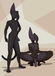 abs anthro bedroom_eyes big_penis biped black_body black_fur domestic_cat felid feline felis feliscede femboy floppy_ears foreskin ftm_crossgender fur genitals glans green_sclera half-erect hi_res humanoid_genitalia humanoid_penis looking_at_viewer male mammal narrowed_eyes penis rule_63 seductive solo uncircumcised void_(feliscede)