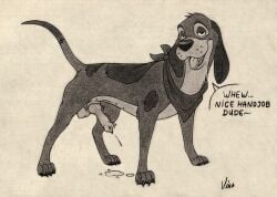 anatomically_correct anatomically_correct_genitalia anatomically_correct_penis animal_genitalia animal_penis canid canine canis cash_(tfath) dialogue disney domestic_dog ejaculation erection feral genitals hi_res male mammal penis shawl simple_background solo spanish_hound speech_bubble the_fox_and_the_hound the_fox_and_the_hound_2 vinadog white_background