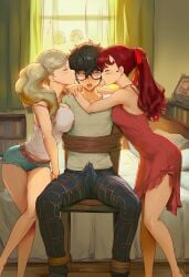 ai_generated ann_takamaki atlus babydoll bedroom black_hair blonde_hair bondage chains clothed cum cumming cumming_in_clothes ejaculation ejaculation_under_clothes glasses humiliation kasumi_yoshizawa kissing persona persona_5 red_hair ren_amamiya school_uniform shorts sitting sitting_on_chair tied_to_chair tied_up