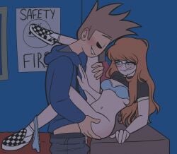 bangs blue_eyes bra breasts eddsworld eddsworld_tom female freckles_on_ass freckles_on_breasts freckles_on_face geek ginger ginger_female ginger_hair glasses_askew male nerd nerdy_female panties_around_one_leg penis penis_in_pussy pussy red_hair straight tom_(eddsworld)