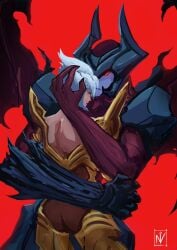 1boy 1boy1girl aatrox angel armor blonde_female blonde_hair darking demon female hug kayle league_of_legends