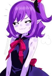 :3 aged_up badmella black_sclera blush bow breasts clothed clothing colored_skin dress female flat_chest flat_chested musume mylooseylucy narrow_waist petite pointy_ears purple_hair small_breasts small_waist smug solo solo_female steam steamy sweat sweatdrop sweating sweaty tiny_waist upper_body upper_body_focus white_background