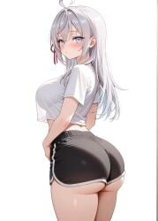 1girls aaaninja ahoge ass ass_focus blue_eyes blush booty_shorts breast_outline breasts_visible_through_clothing female female_only from_behind long_hair looking_at_viewer looking_back medium_breasts midriff short_shirt shorts tagme thick_ass white_background white_hair