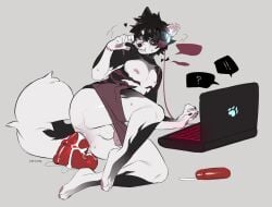 anal anal_sex animal_dildo animal_sex_toy anthro anthro_penetrated ass backsack balls big_butt big_dildo black_body bottomwear bottomwear_down canid canine catzino clothed clothing collar computer dildo dildo_in_ass dildo_insertion electronics equine_dildo femboy genitals grey_background headphones laptop lube lube_bottle male male_penetrated mammal masturbation nipple_piercing nipples object_in_ass partially_clothed penetration penis piercing sex_toy sex_toy_in_ass sex_toy_insertion shorts shorts_down simple_background solo stretched_anus submissive submissive_anthro submissive_male thick_thighs toying_self white_body wide_hips