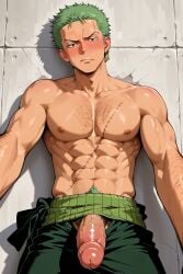 1boy abs ai_generated big_penis blush brown_eyes erection first_person_view green_hair kinkydemonai looking_at_viewer male male_only mature mature_male muscles muscular muscular_male nipples one_piece pecs penis roronoa_zoro solo tongue tongue_out yaoi