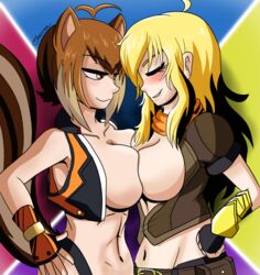 2girls big_breasts blazblue blazblue:_cross_tag_battle blonde_hair breast_press breasts brown_fur brown_hair charredarousal charrousal closed_eyes clothing crossover eyes female female_only hair human large_breasts long_hair makoto_nanaya open_eyes pale_skin rwby short_hair smile yang_xiao_long