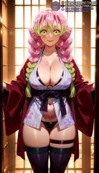 ai_generated artist_name ass_visible_through_thighs bikini bikini_under_clothes black_bikini black_sash black_thighhighs blush braid breasts cleavage collarbone demon_slayer feet_out_of_frame female floral_print gradient_hair green_eyes green_hair haori heart indoors japanese_clothes kanroji_mitsuri kimetsu_no_yaiba kimono large_breasts long_hair long_sleeves looking_at_viewer meitabuu mole mole_on_breast mole_under_each_eye mole_under_eye multicolored_hair multiple_braids multiple_moles navel obi open_clothes patreon_username pink_hair print_kimono pubic_tattoo sash shouji skindentation sliding_doors smile solo standing stomach sweat swimsuit tattoo thigh_strap thighhighs thighs tri_braids twin_braids two-tone_hair white_kimono wide_sleeves yukata
