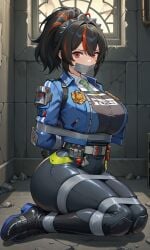 1girls ai_generated arms_tied_behind_back bondage bound_ankles bound_legs female gag gagged looking_at_viewer police_uniform red_eyes sitting_on_ground tape_bondage tape_gag two_tone_hair zenless_zone_zero zhu_yuan