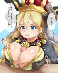 blonde_hair blue_eyes blush braid breasts breasts_squeeze cape clothed_sex clothing crown earrings enrica_(etrian_odyssey) enrica_(sekaiju) etrian_odyssey female gloves horned_headwear jewelry large_breasts long_hair open_mouth outercourse paizuri paizuri_under_clothes penis sekaiju_no_meikyuu sekaiju_no_meikyuu_x translation_request twin_braids twintails