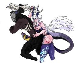 anal antler_grab bite_mark blush breasts breasts_out bruise corset cumming_while_penetrated dragon female hairy horns humanoid kiss_mark lingerie lipstick long_ears long_hair male original_characters panties pegging penis ribbed_penis scratches stockings wendigo white_hair