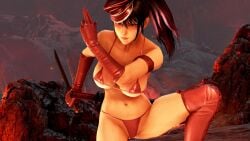 alluring big_breasts bikini black_and_red_and_purple_hair brimstone_and_fire_(stage) cleavage elbow_gloves female hat kitsune_marks kunimitsu_ii kunoichi lava mod namco posing tekken under_boob volcano