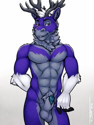 1boy 2016 abs animal_genitalia antlers balls cervine fur horn male male_only mammal muscular muscular_male pecs penis purple_eyes purple_fur sheath smile smirk solo teal_penis tsaiwolf