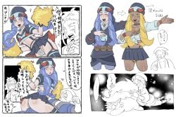 adaman_(pokemon) ass blonde_hair blue_hair blush cheetah_print crop_top diamond_clan_outfit femboy flaunting gyaru gyarufication hat japanese_text long_hair male melli_(pokemon) miniskirt mob_face necklace outfit_change panties_peek pixiv pokemon pokemon_legends:_arceus pom_poms sitting_on_person straps thighs underwear