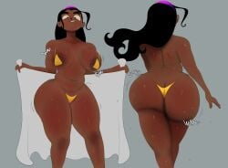 1girls 2025 areola areola_outline areolae areolae_peeking areolae_visible_through_clothing ass back_view barrybbeesly beauty_mark big_areola big_areolae big_ass big_breasts bikini black_hair breasts chubby_belly dark-skinned_female dark_hair dark_skin fat_ass female front_view gray_background grey_background grin grinning grinning_at_viewer jiggle jiggling jiggling_ass jiggling_butt long_hair micro_bikini mole nadaleea_(barrybbeesly) rear_view shiny_ass shiny_skin simple_background sweat sweaty sweaty_ass sweaty_body sweaty_breasts sweaty_butt towel walking wet wet_body wet_skin wobble wobbling wobbling_ass wobbling_butt