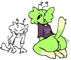2025 alien antennae_(anatomy) anthro anus ass balls black_sclera bottomless bottomless_anthro bottomless_male clothed clothing ejaculation emanata erection femboy freckles genitals gloves_(marking) green_body hi_res kneeling leg_markings looking_pleasured male markings orgasm presenting presenting_hindquarters rear_view shirt simple_background socks_(marking) solo text text_on_clothing text_on_shirt text_on_topwear topwear weirdenned zeke_(weirdenned)