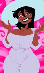 1girls ai_generated black_hair black_lipstick breasts cartoon chubby chubby_female cleavage dark-skinned_female dark_skin female gigantic_breasts hair_between_eyes long_hair medium_hair melly melly(umiko_) mole_under_eye purple_dress smiling smiling_at_viewer solo solo_female solo_focus sunhat tag tagme tagme_(character) teeth_showing voluptuous