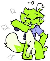 2025 alien antennae_(anatomy) anthro balls big_tail bottomless bottomless_anthro bottomless_male breath chest_tuft closed_eyes clothed clothing clothing_lift countershading femboy freckles genitals green_body green_penis hand_on_hip hi_res humanoid_genitalia humanoid_penis male open_mouth penis shirt shirt_lift solo tail topwear tuft weirdenned zeke_(weirdenned)