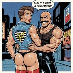 1boy1femboy 1femboy 2boys ai_generated ambush_(trap) anxious ass bald blue_eyes brown_hair brunet city closeted denim_vest excited g-string gay handlebar_mustache homosexual imminent_gay_sex ironic jamie_shortwood leather leather_pants light-skinned_femboy light-skinned_male lipstick male male/femboy male/male male_only mesh_shirt moustache muscular muscular_femboy muscular_male oc original_character pop_art red_lipstick short_hair speech_bubble stockings straight_hair straight_pride_colors sweat tank_top thigh_high_stockings thigh_highs thighhighs vest white_femboy white_male yaoi
