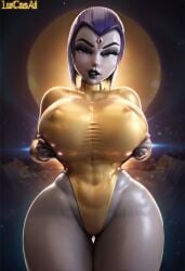 1girl 3d 3d_(artwork) abstract_background ai_generated big_breasts black_lipstick breasts dc dc_comics female female_focus female_only forehead_jewel golden_clothing golden_leotard goth goth_girl grey_body grey_skin hi_res leotard looking_at_viewer lucasai nipple_bulge purple_eyes purple_hair rachel_roth raven_(dc) short_hair solo solo_female solo_focus teen_titans thick_thighs wide_hips
