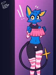 anthro arm_warmers armwear balls blue_body blue_fur blush bottomwear chastity_cage chastity_device clothed clothing collar digital_media_(artwork) english_text felid femboy flat_chastity_cage fur generation_4_pokemon genitals hair hi_res holding_bottomwear holding_clothing holding_object holding_skirt legwear looking_at_viewer male mammal miniskirt nintendo nude open_mouth phenyanyanya pokemon pokemon_(species) shinx simple_background skirt solo surprise surprised_expression tail text thigh_highs underwear wearing_chastity_cage wearing_chastity_device