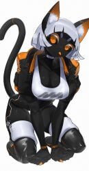black_body bottomless echanis_enicha female orange_eyes original original_character robot_girl sitting tank_top tongue_out white_hair